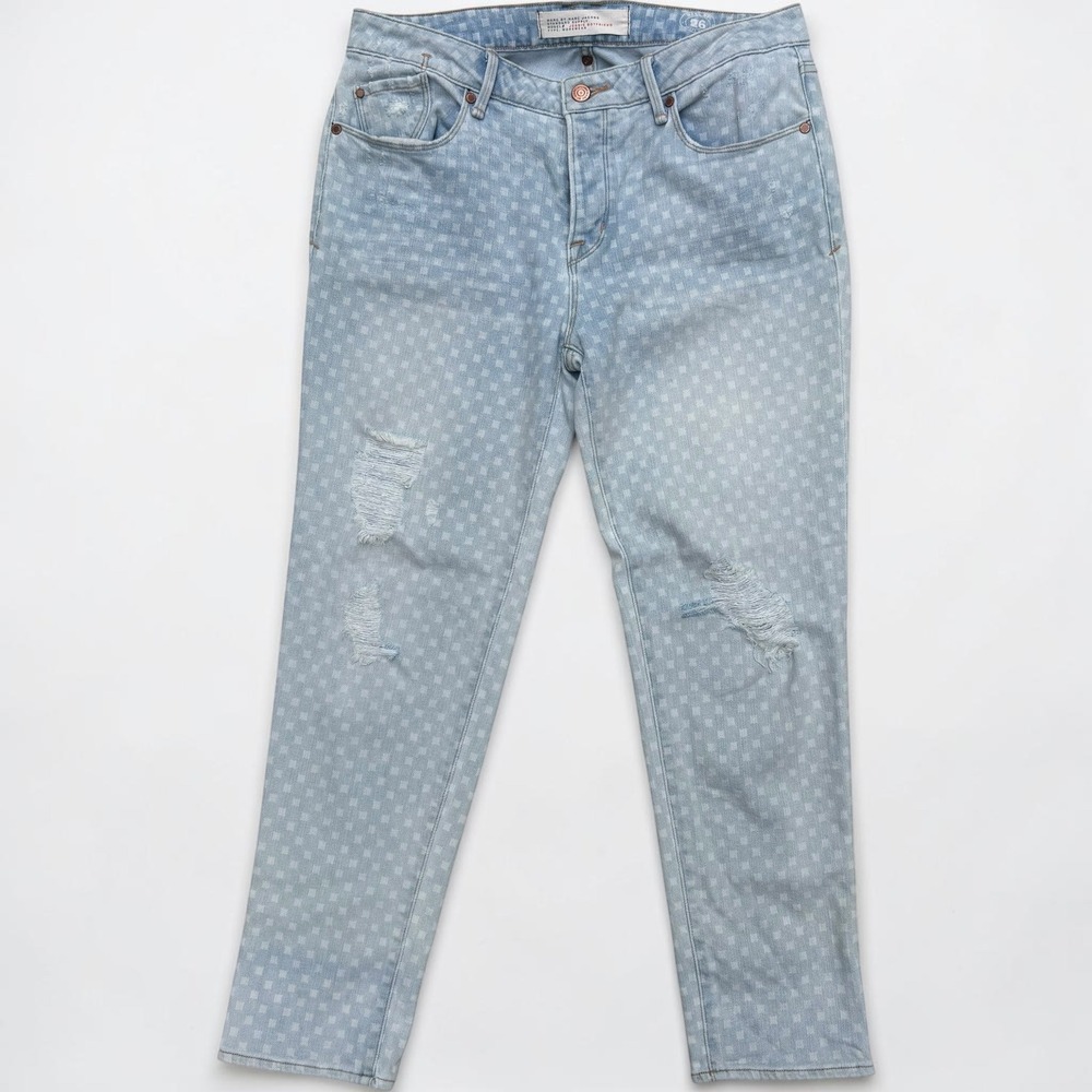 Marc by Marc Jacobs Jessie Boyfriend Jeans 26 Blue Distressed Block Print Grunge